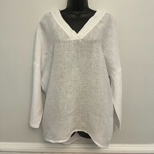 Viola Borghi White Linen Long Sleeve Linen V-Neck Shirt, Size Small